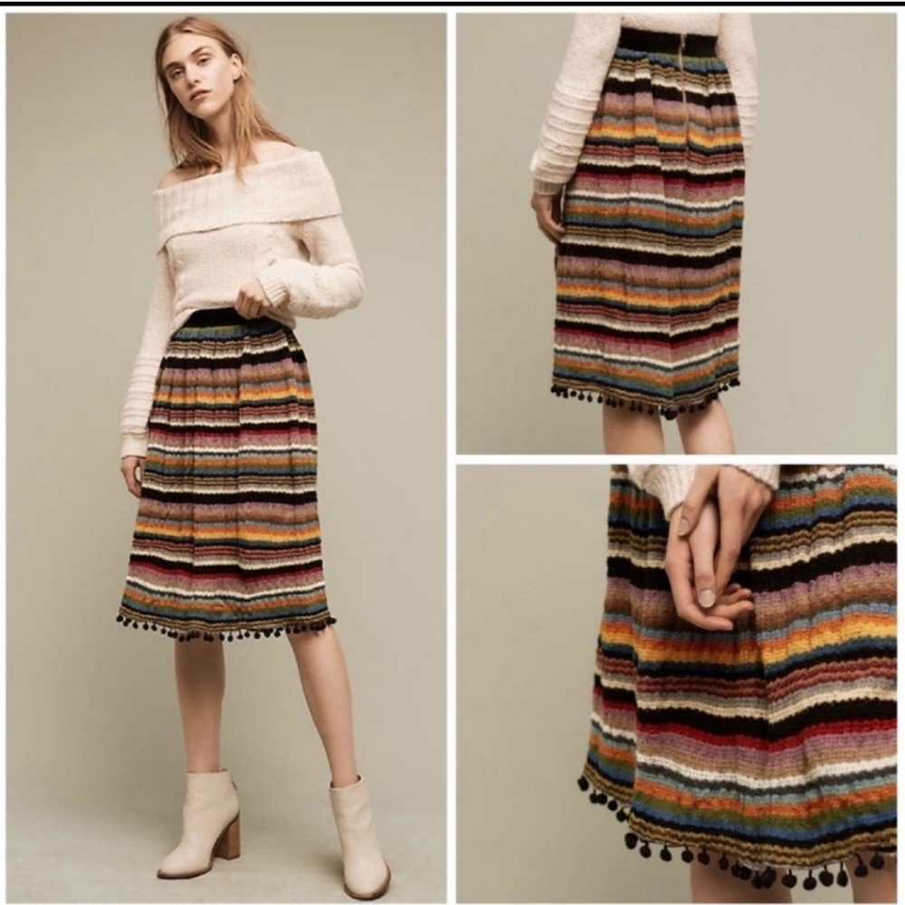 Eri + Ali Anthropologie Striped Multicolor Sweater Knit Pom Pom Hem Skirt Sz 4
